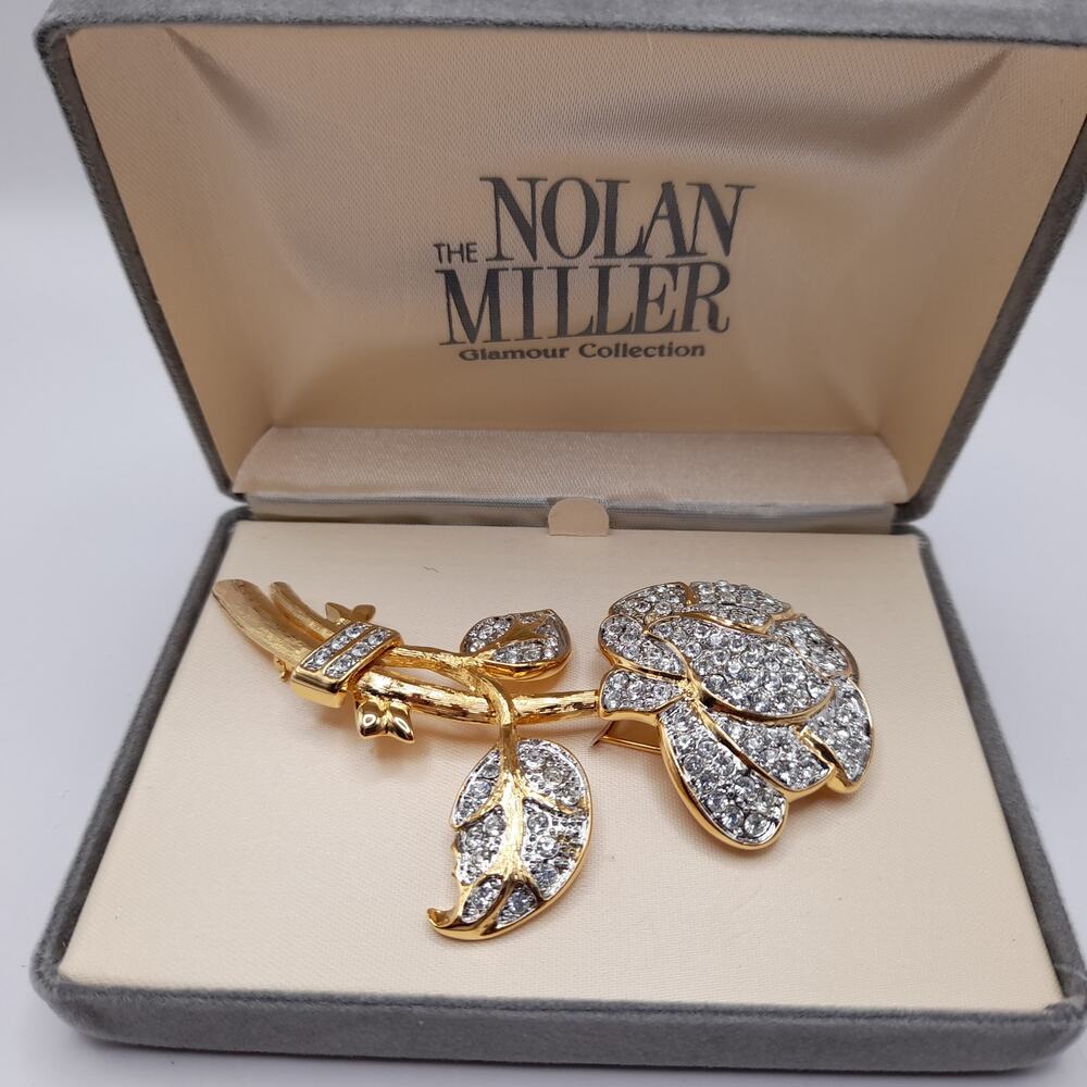 Vintage Nolan Miller Rhinestone Rose Brooch Gold Tone w Box